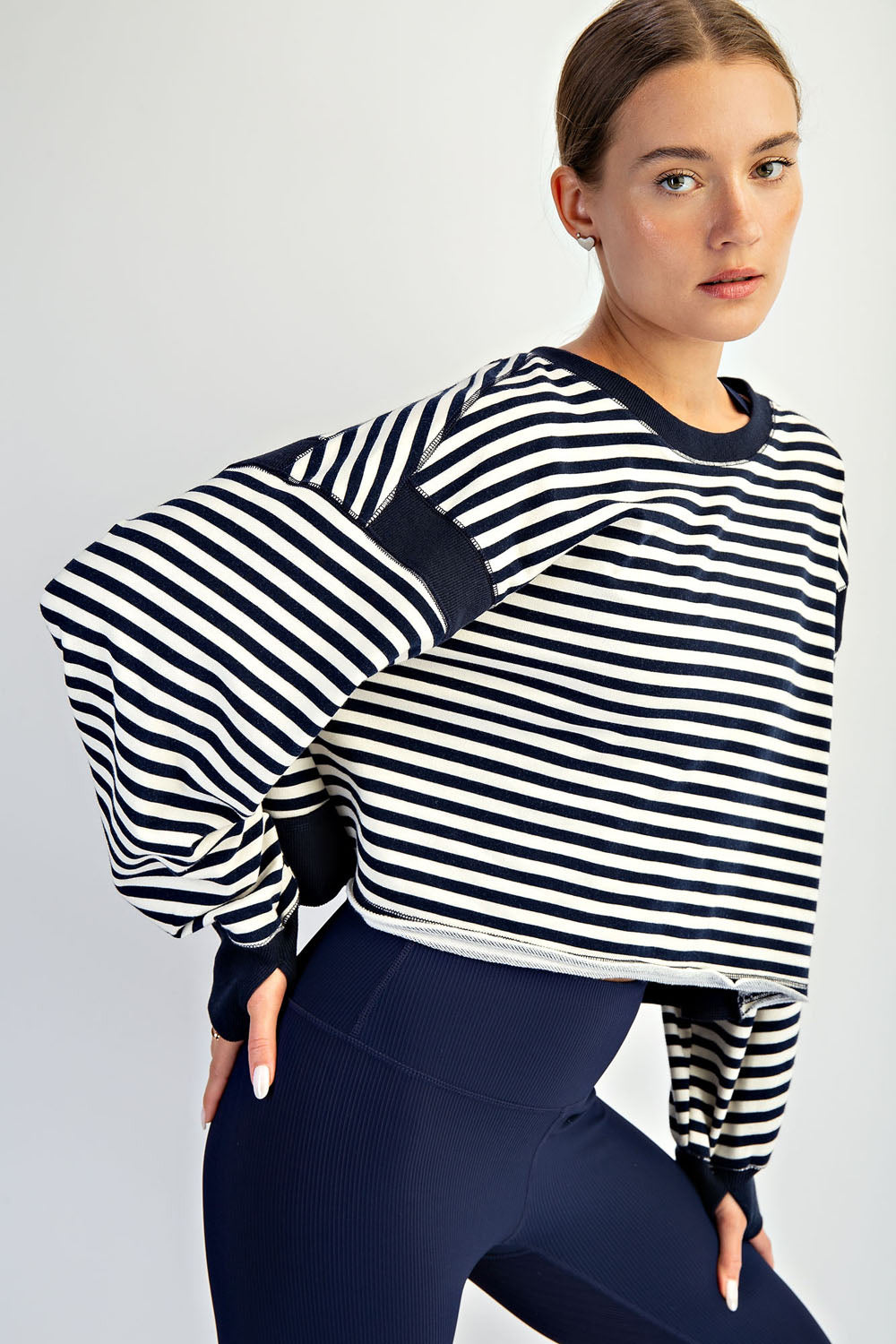 STRIPED OPEN BACK LONG SLEEVE TOP Navy