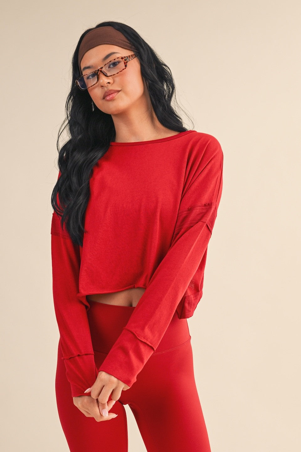 Cotton Slub Cutout Back Long Sleeve Layering Top Red