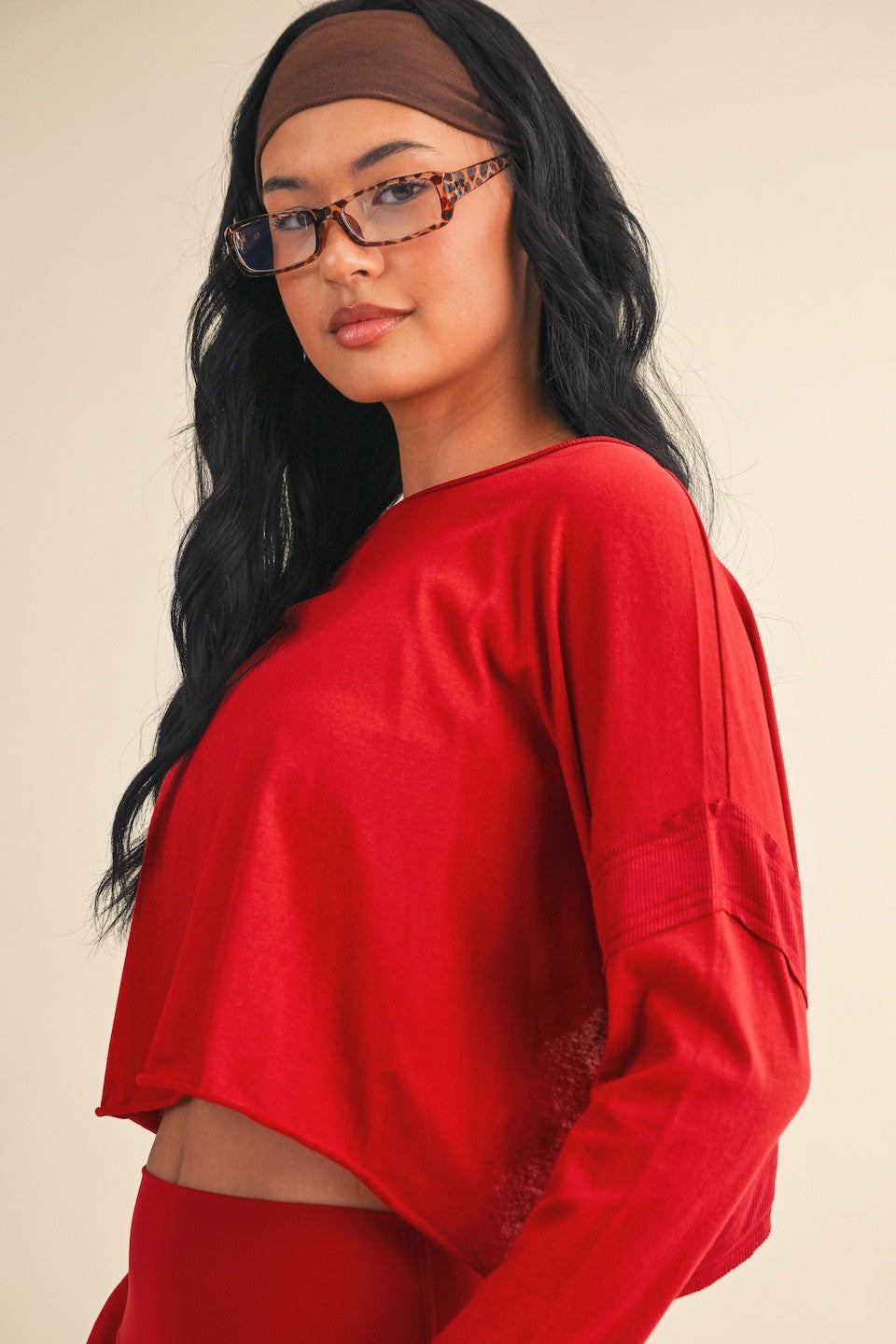 Cotton Slub Cutout Back Long Sleeve Layering Top Red