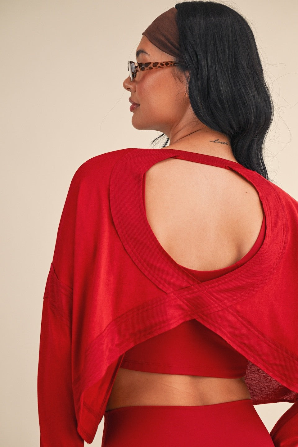 Cotton Slub Cutout Back Long Sleeve Layering Top Red