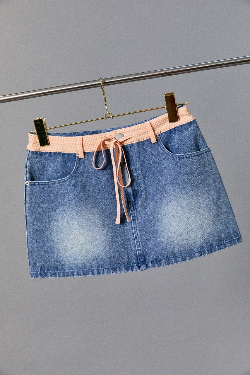 Lara Mid Waist Denim Skirt With Gingham Waist