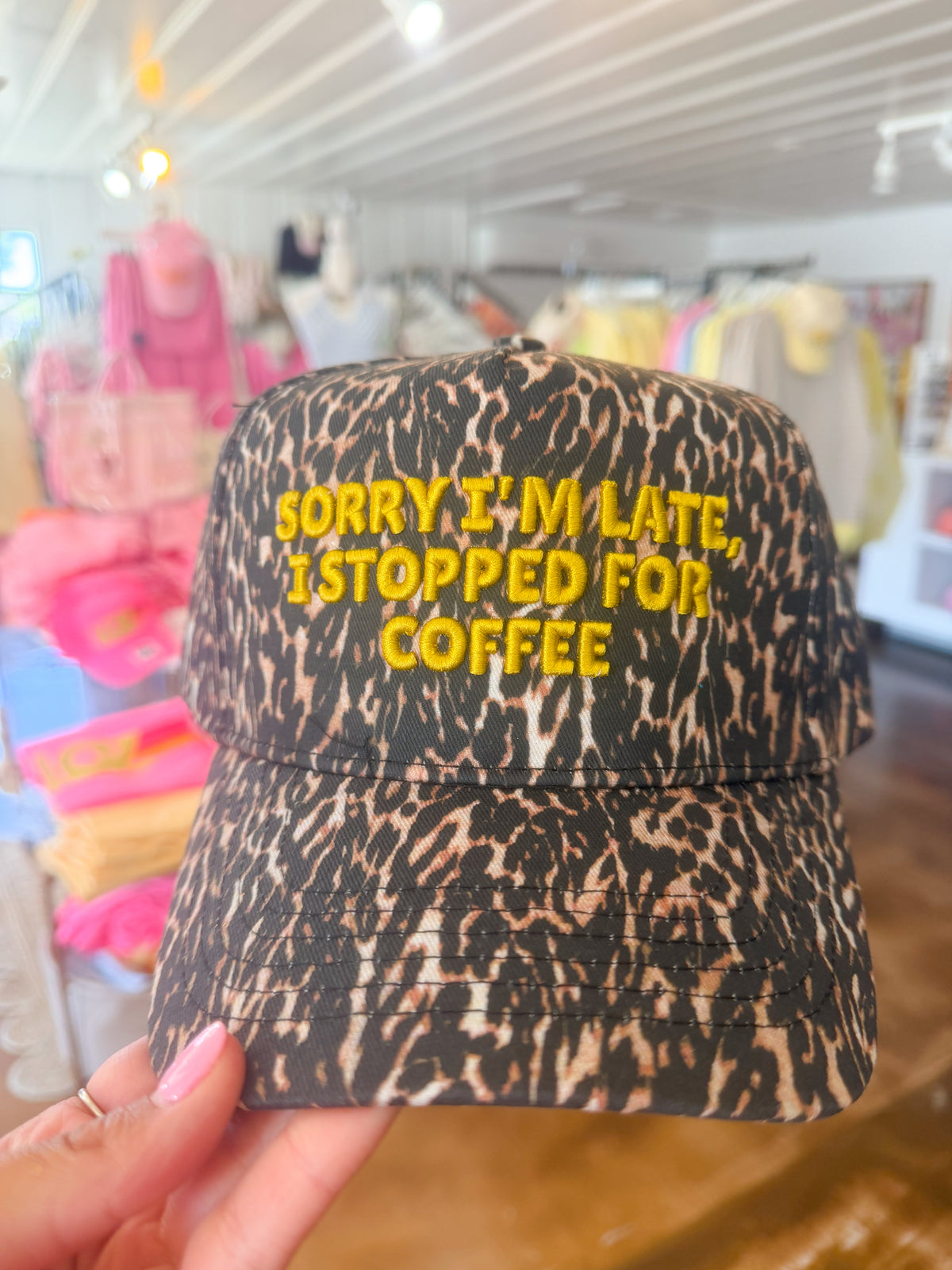 Sorry I'm Late, I Stopped for Coffee - Luxe Leopard Trucker Hat