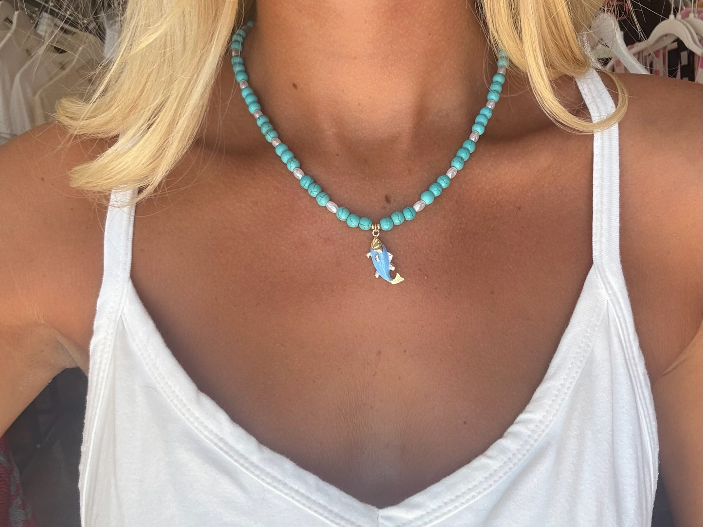 Green Beads with Blue Fish Necklace