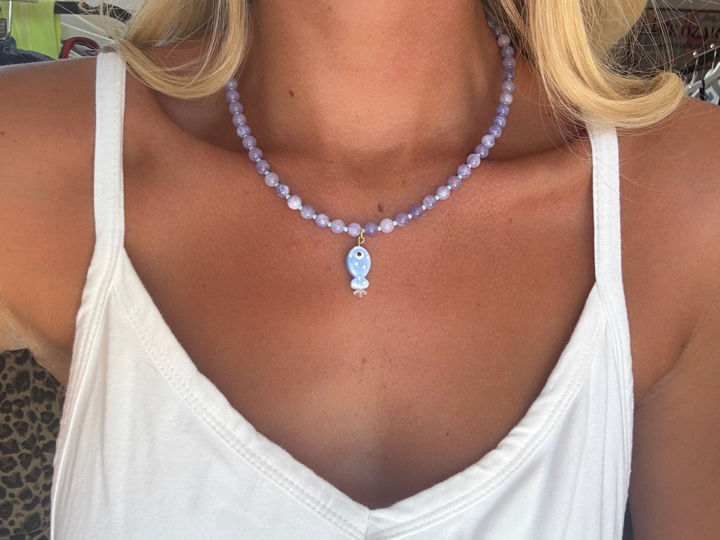 Purple Beads with Fish Necklace