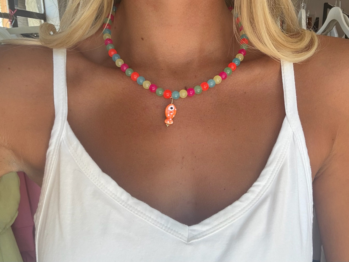 Multi Bead Orange Fish Necklace