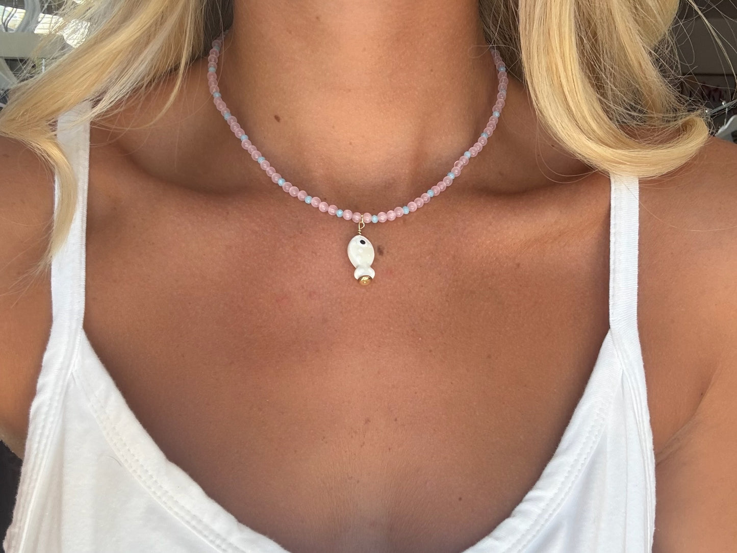 Pink and Blue White Fish Necklace