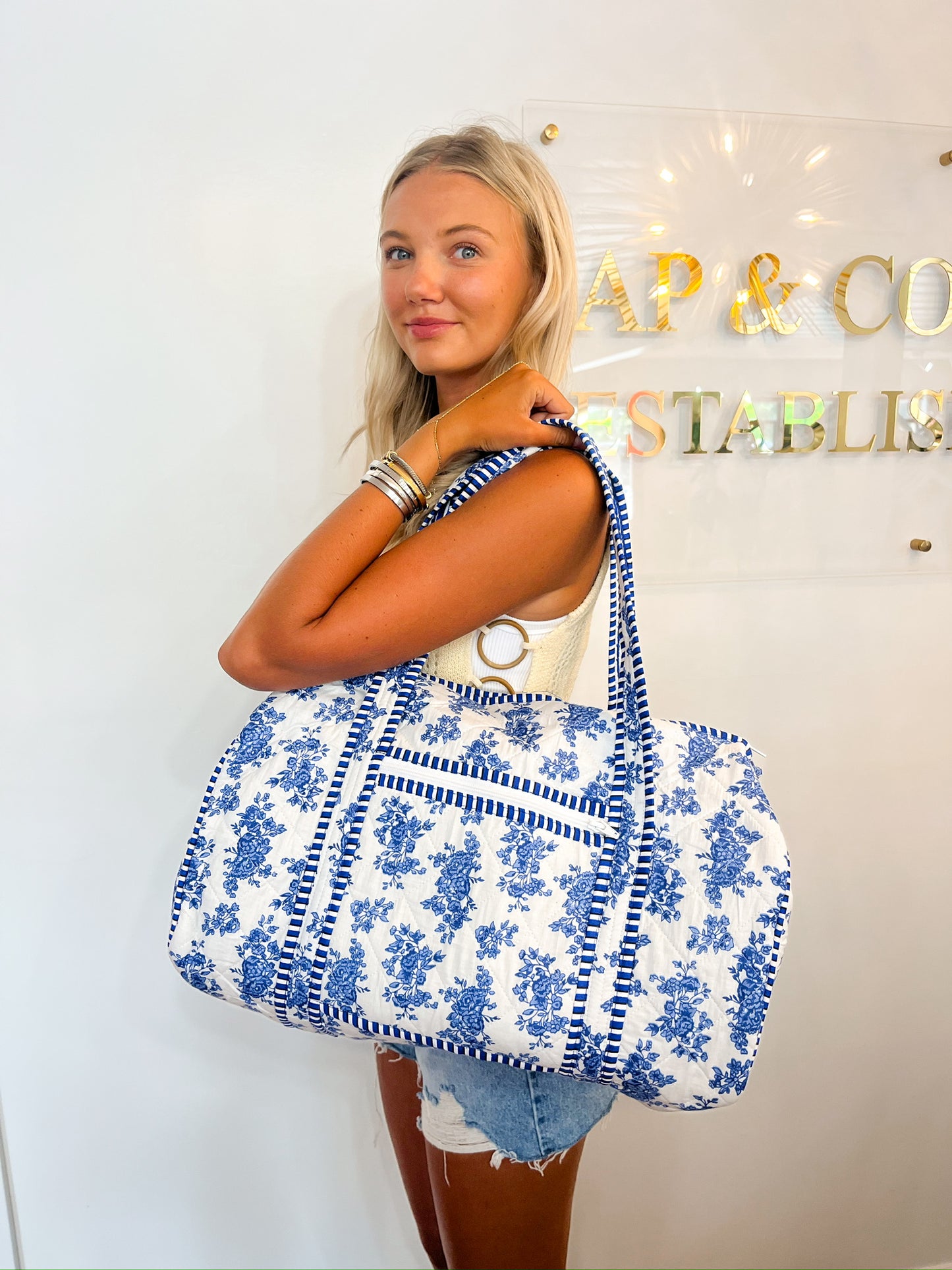 Blue Botanical Quilted Duffle Bag
