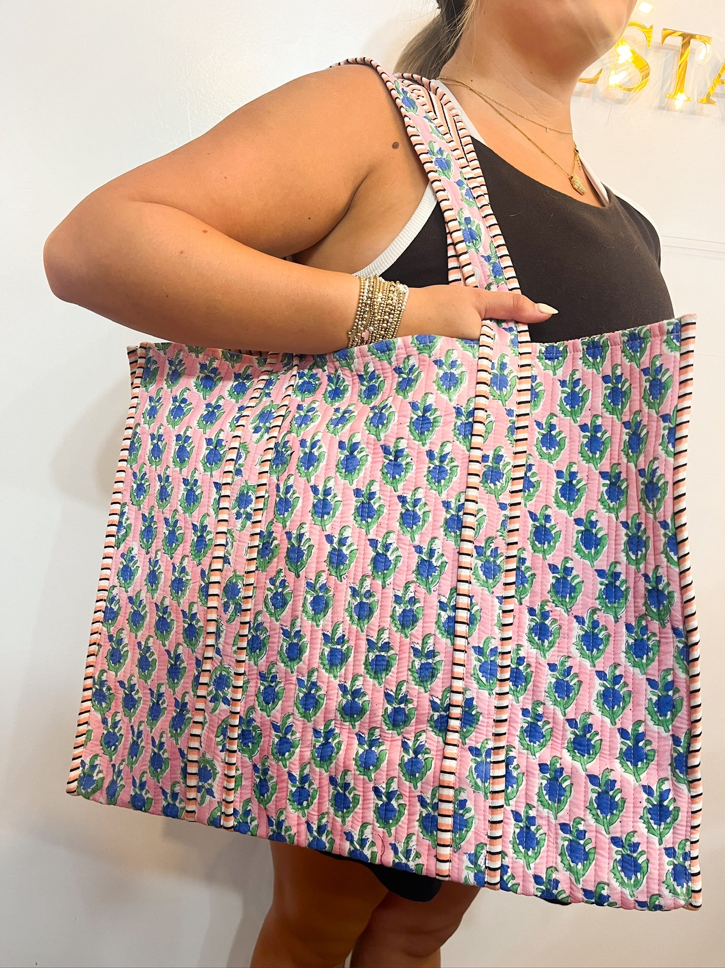 Quilted Block-Print Tote Bag Sky Blossom