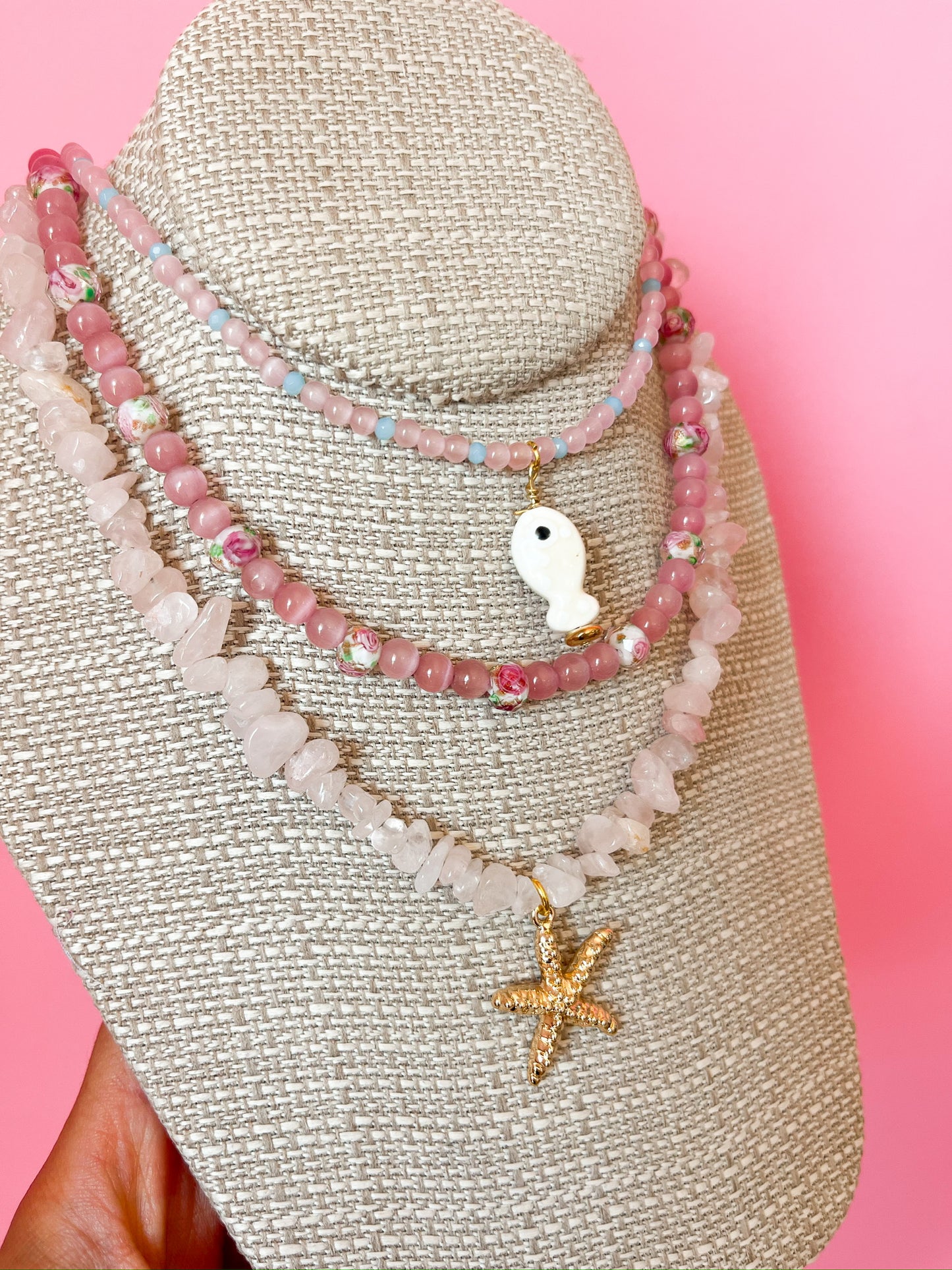 Pink and Blue White Fish Necklace