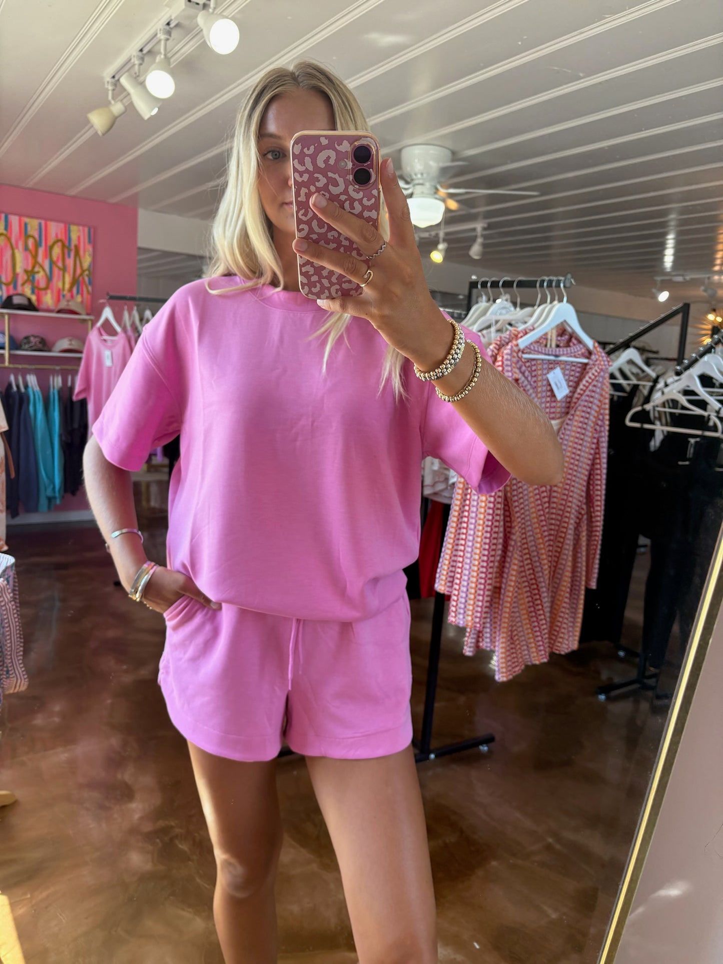 Scuba Short Sleeve Top & Shorts Set Candy Pink