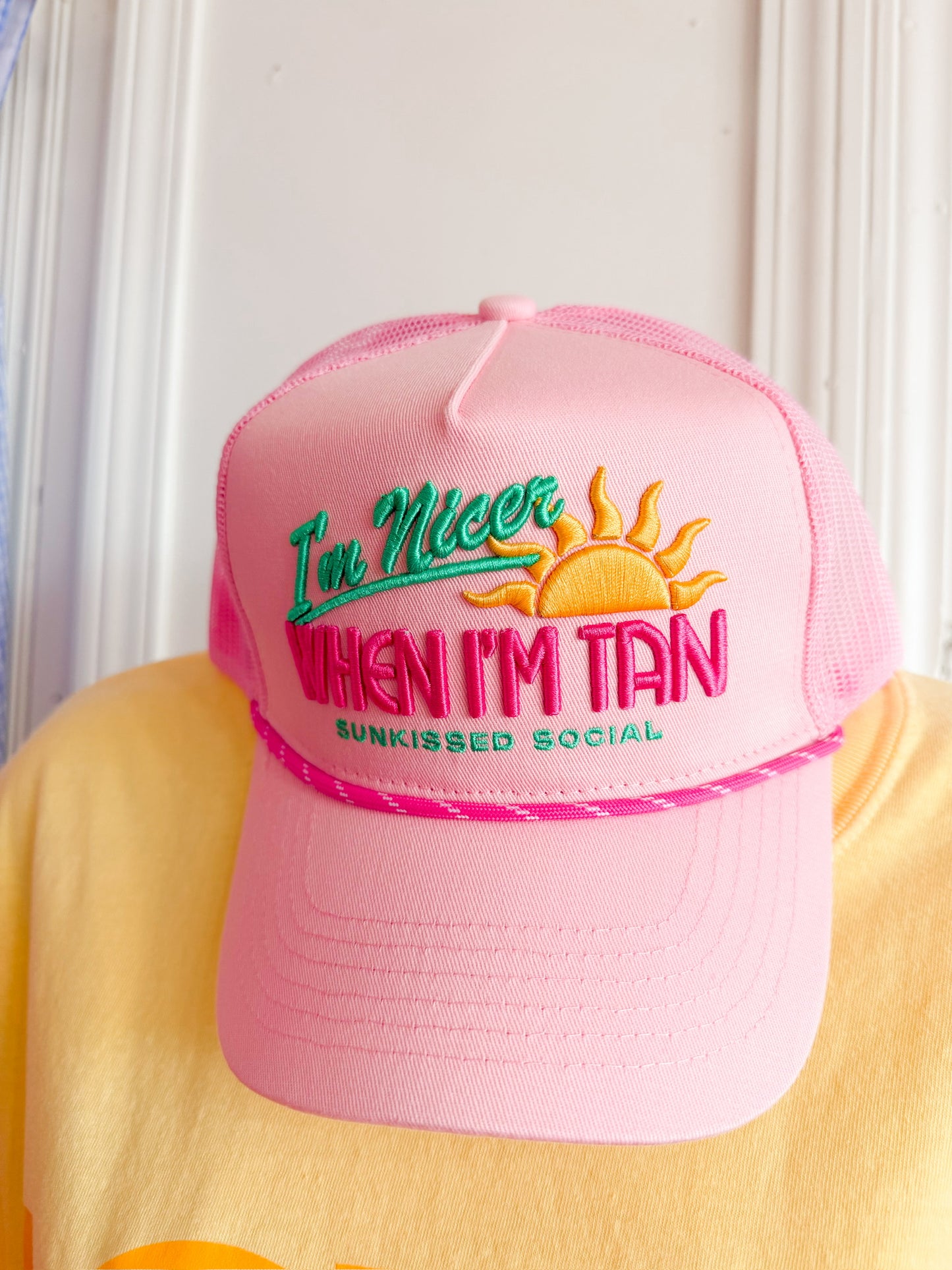 I’m Nicer when I’m Tan - Pink Canvas Trucker Hat