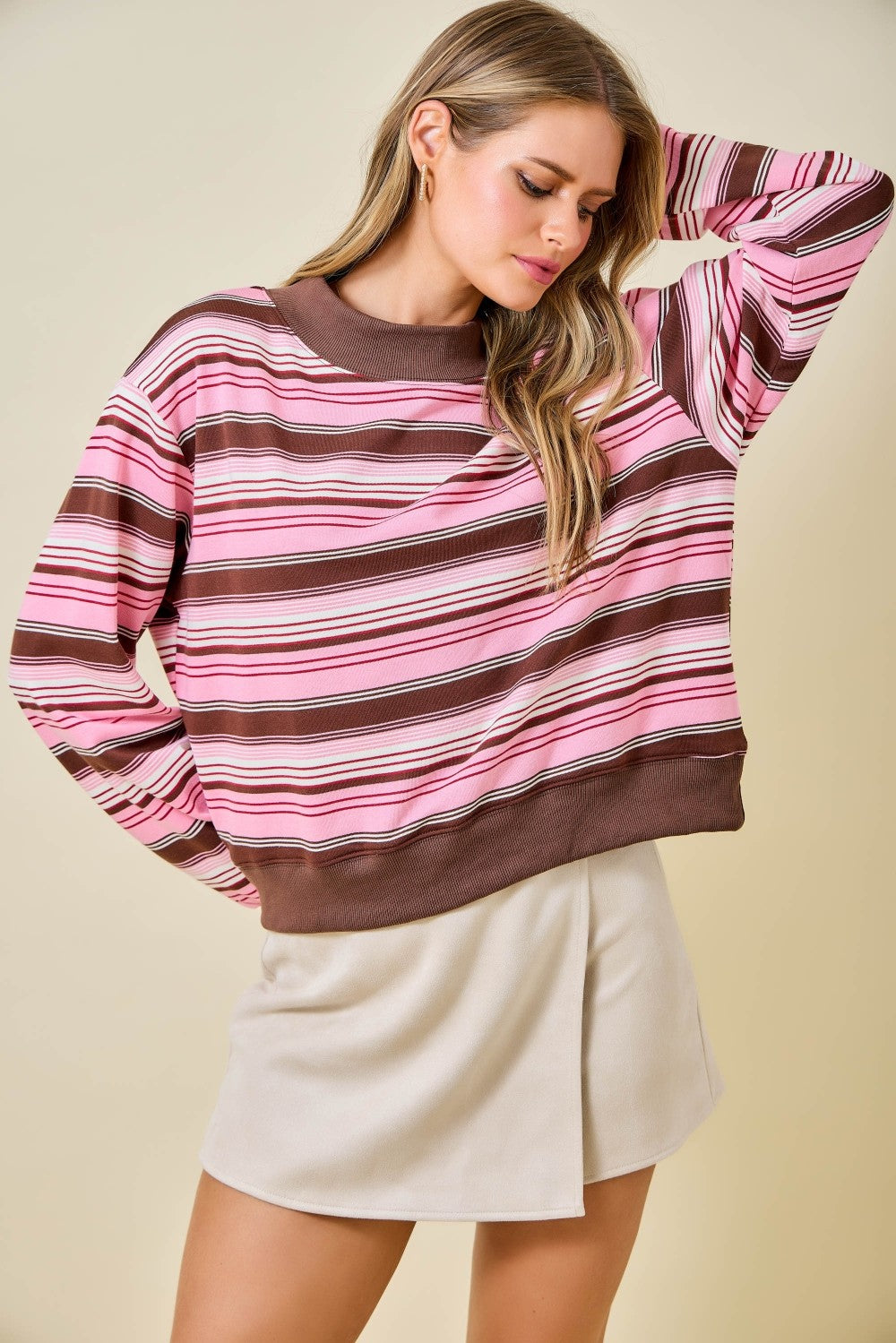 Donna Pink Striped Mockneck