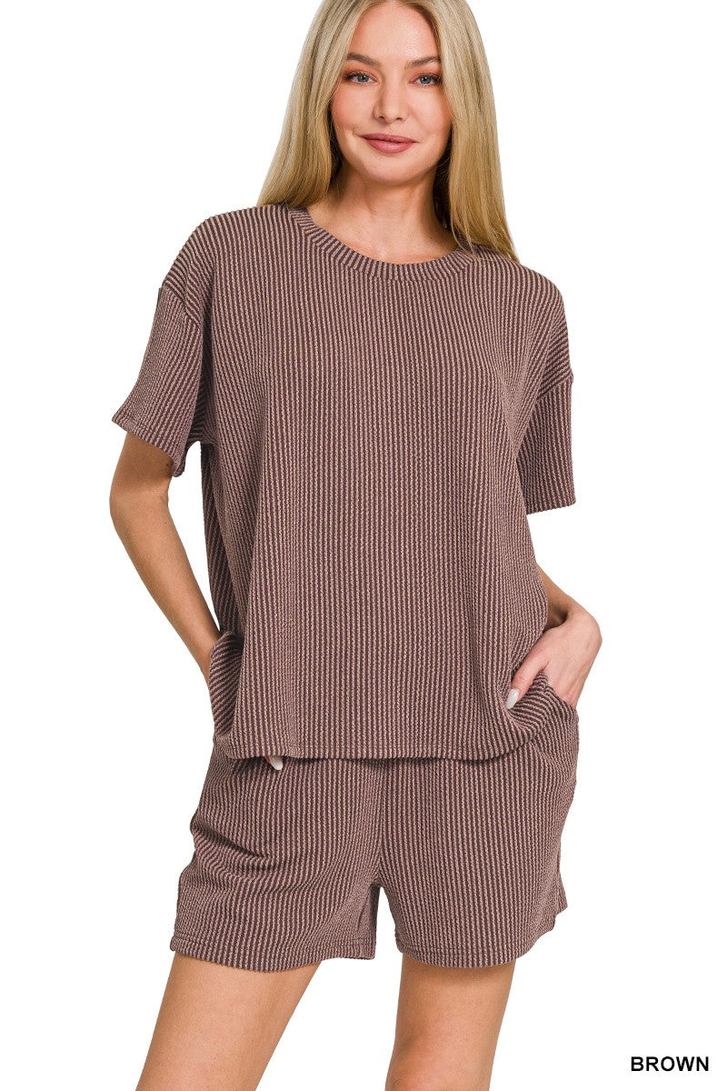 Corded Rib Short Sleeve Tee & Short Pants Set Brown