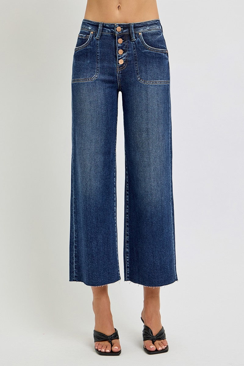 Risen high rise crop wide button up jeans