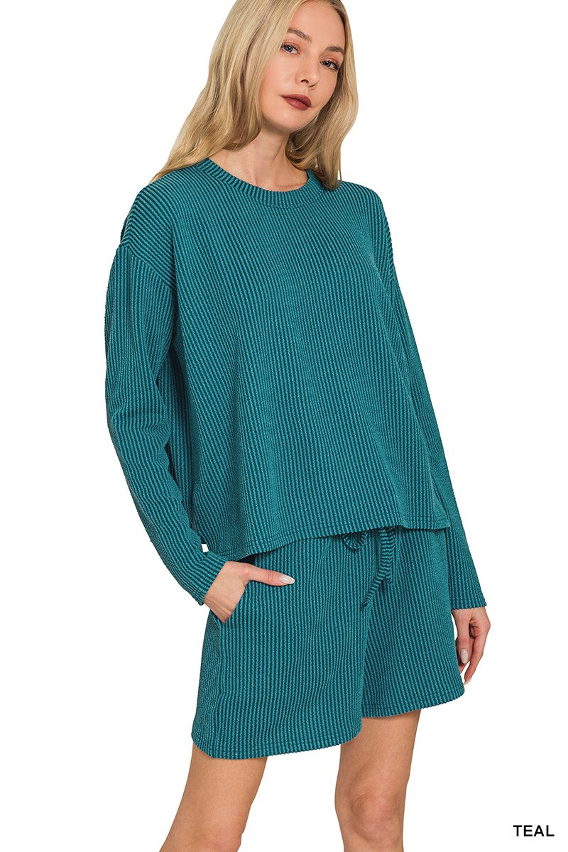 Rib Long Sleeve Tee & Shorts Set Teal