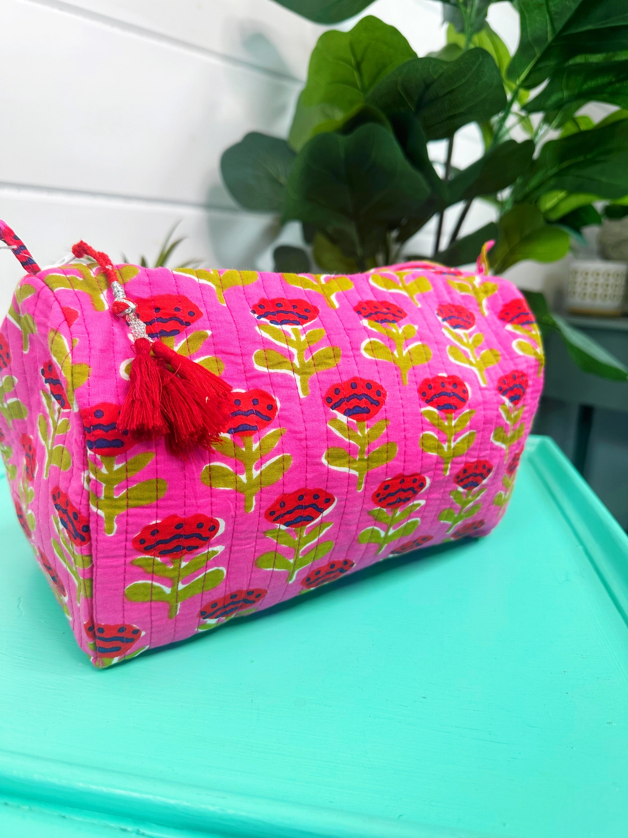 Quilted Makeup Bag | Cosmetic Toiletry Bag | Hot Pink Floral