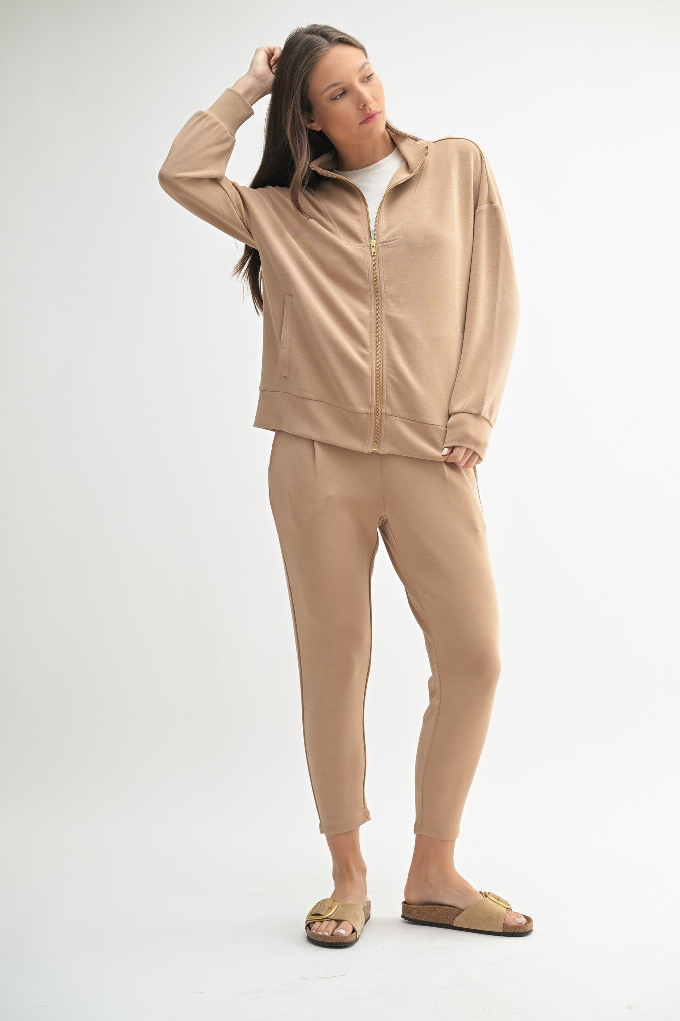 Tan zip up jacket with gold