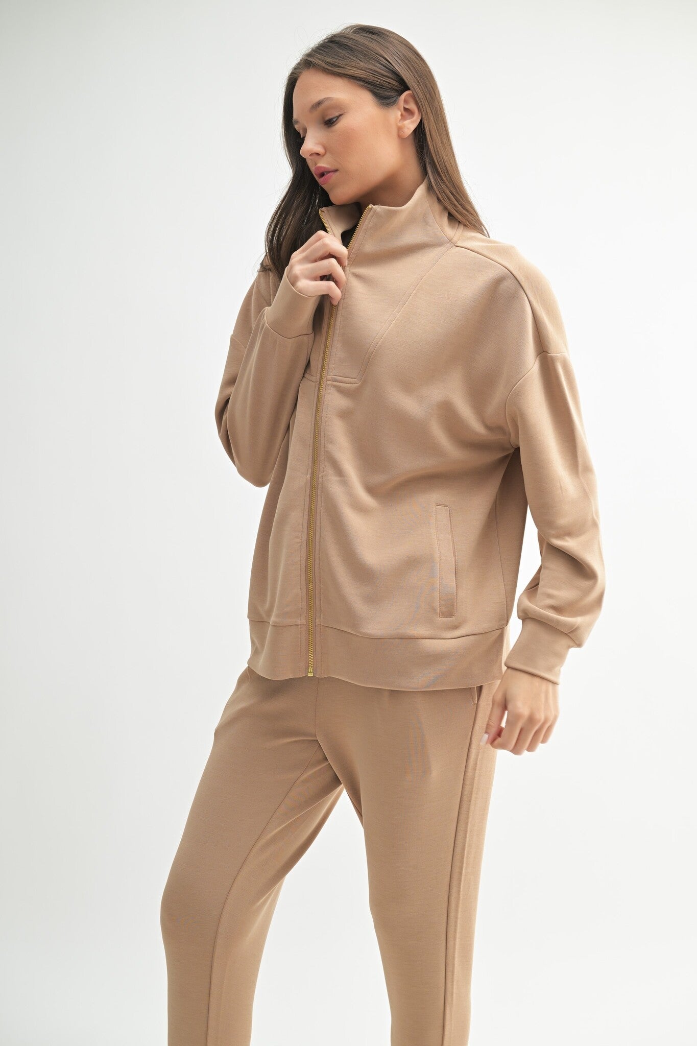Tan zip up jacket with gold