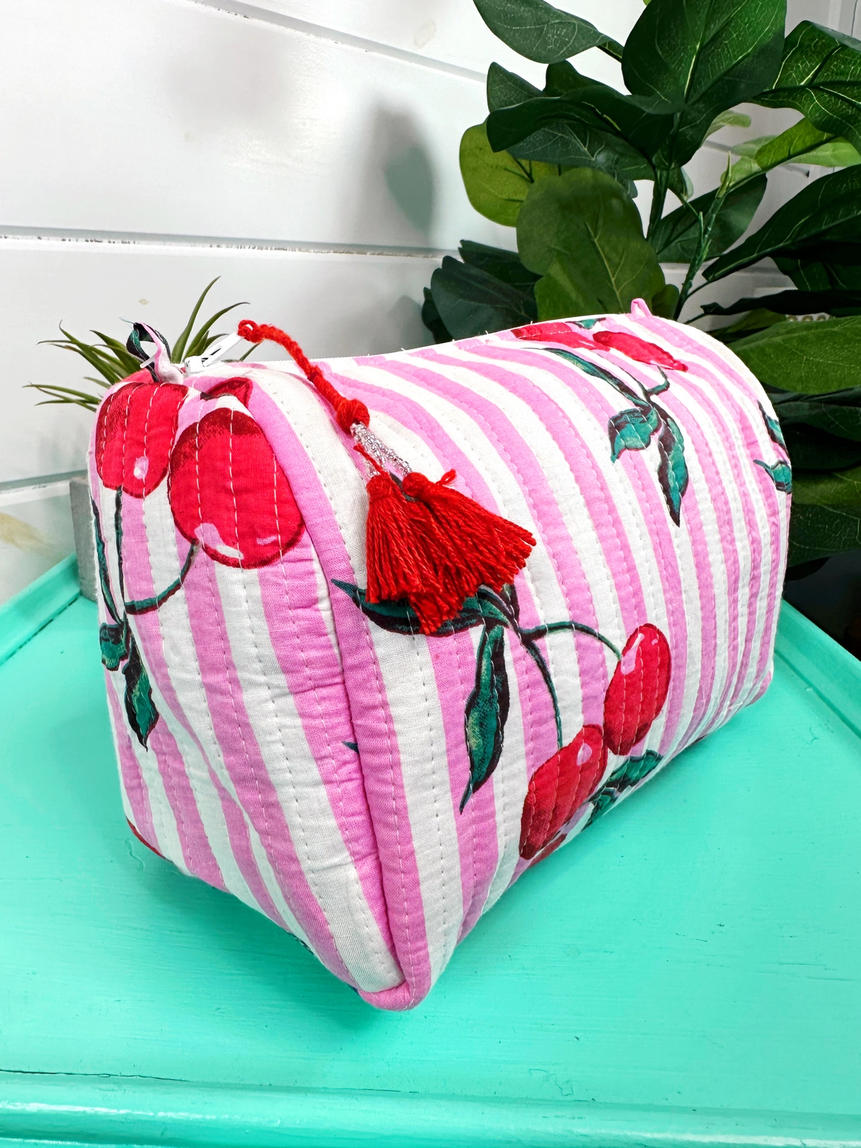 Quilted Makeup Bag | Cosmetics Toiletry Bag | Cherry Print