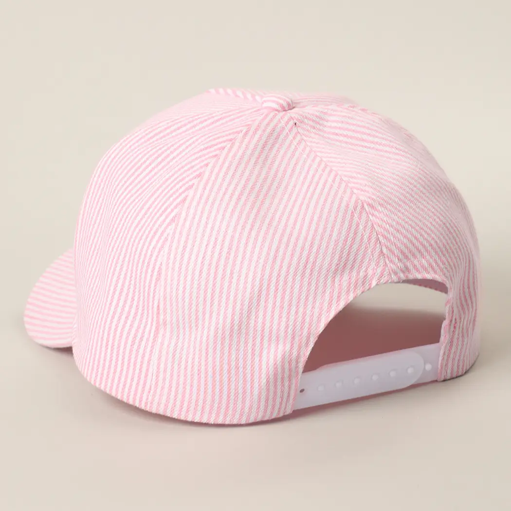 Tanned & Tipsy Embroidered Seersucker Stripe Trucker Hat Pink