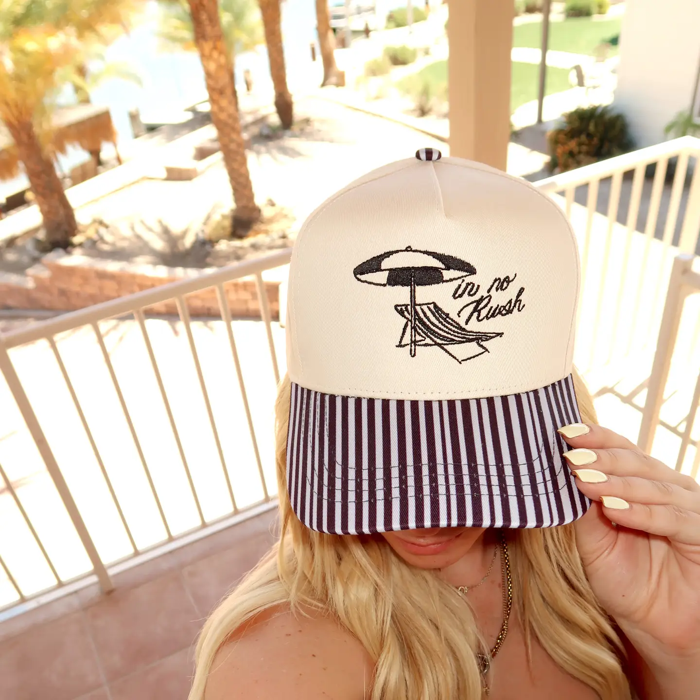 In No Rush- Black Striped Bill Embroidered Hat