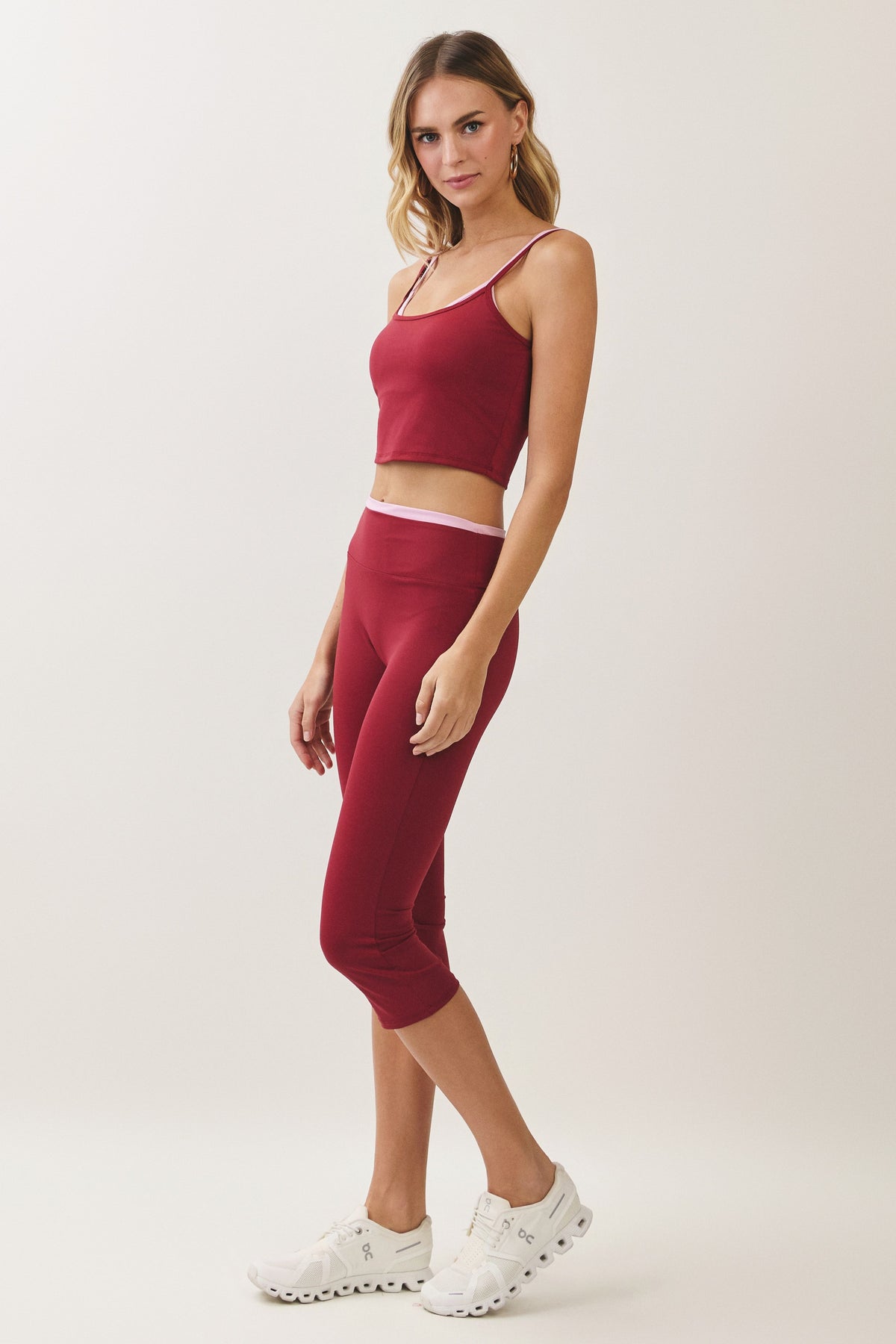 Contrast Waist Capri Leggings Burgundy