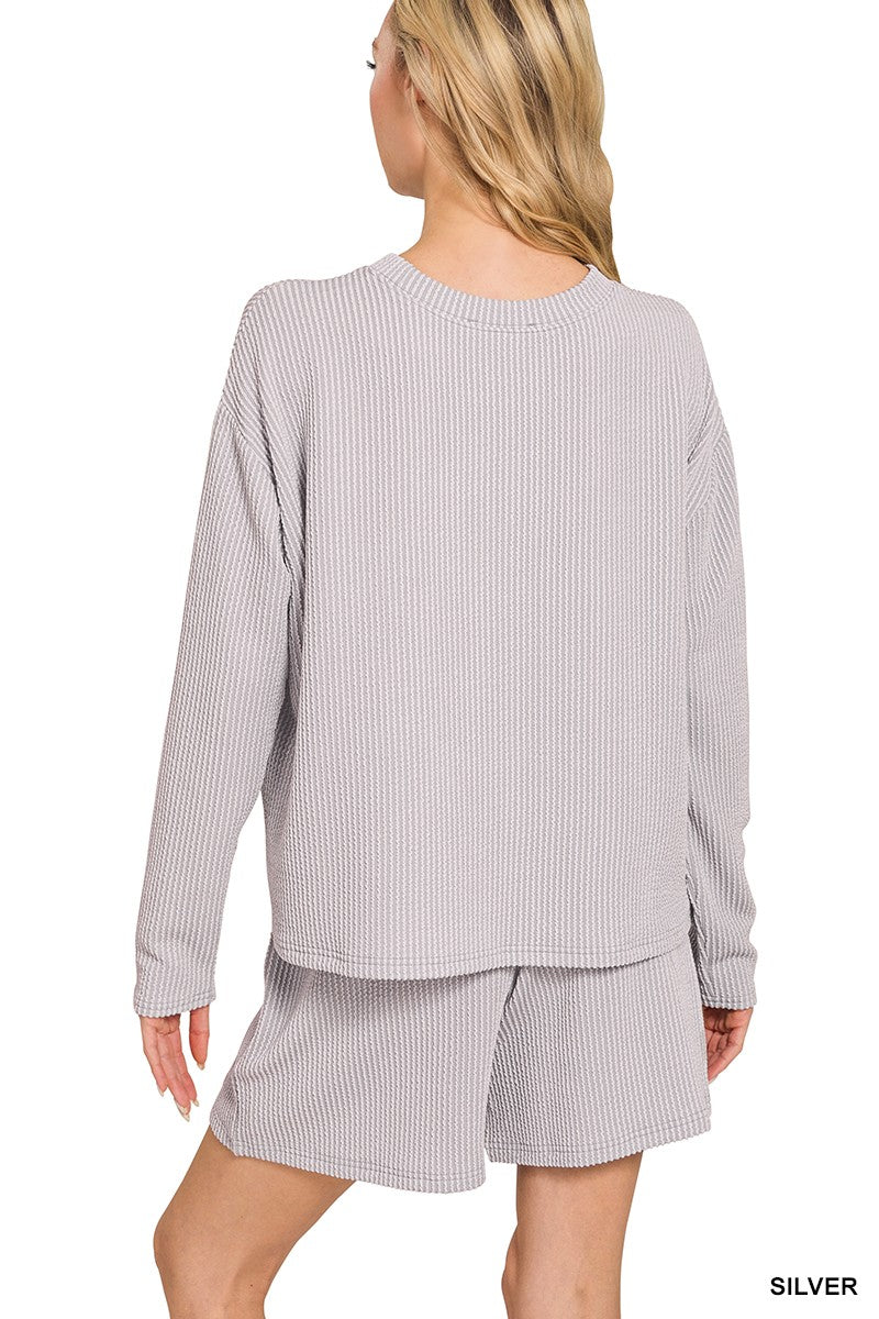 Rib Long Sleeve Tee & Shorts Set Silver