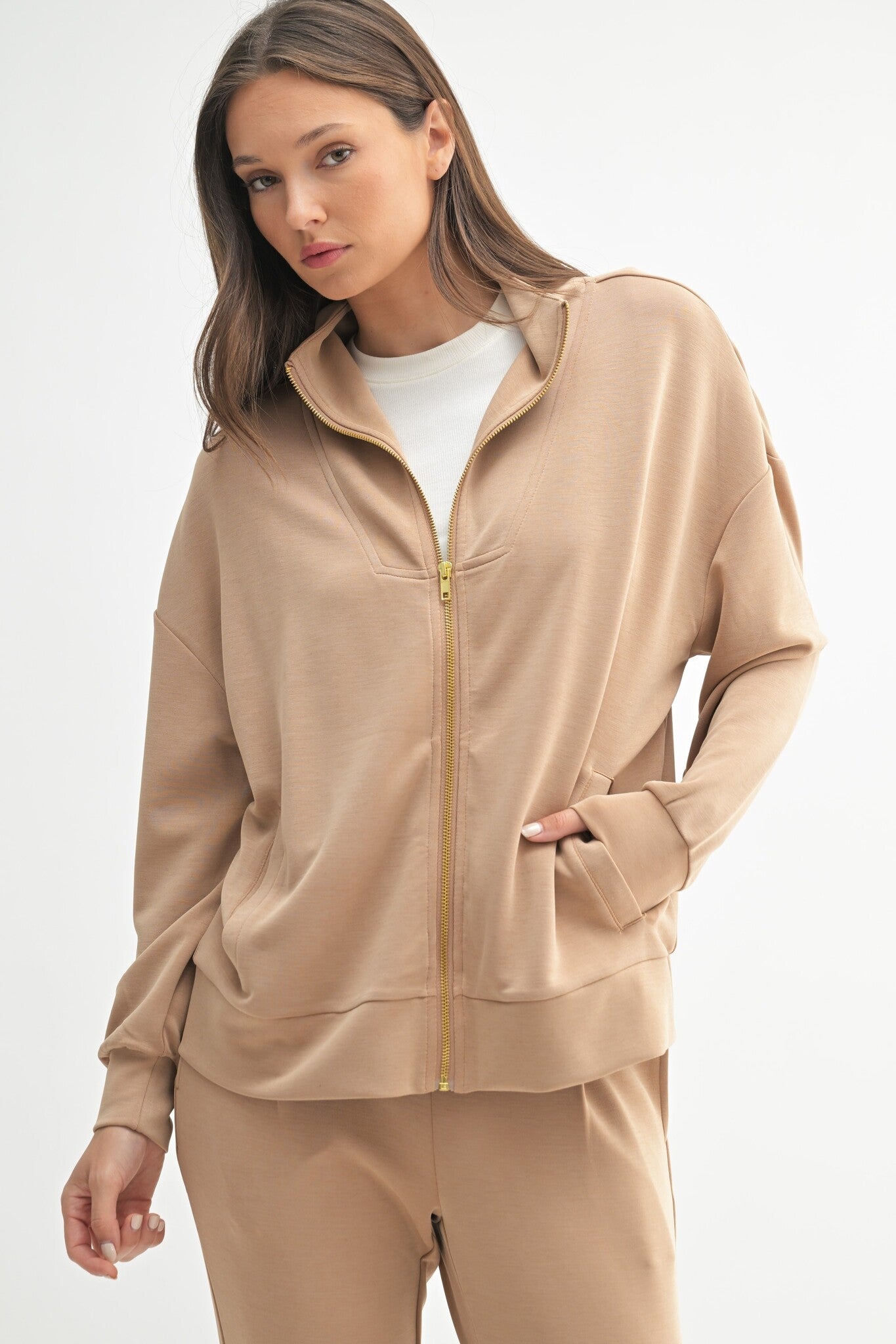 Tan zip up jacket with gold