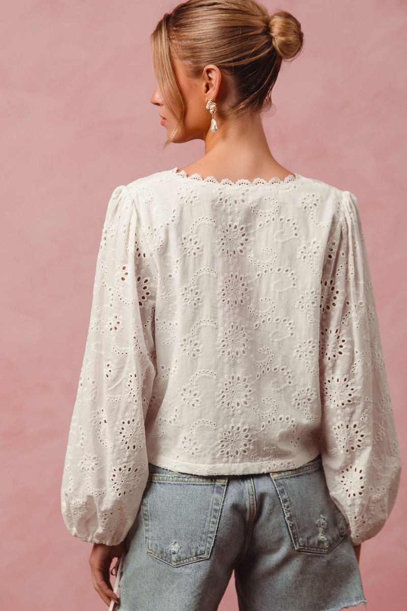 Sarah off white floral eyelet top