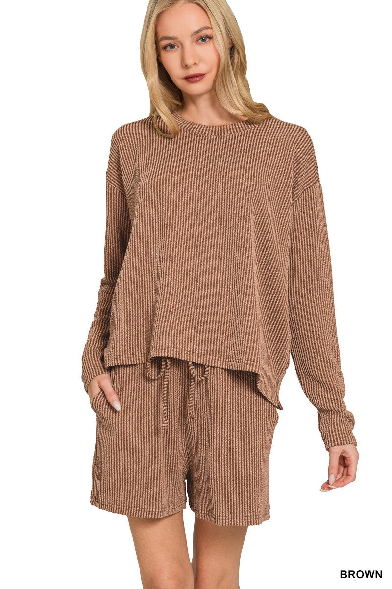 Rib Long Sleeve Tee & Shorts Set Brown