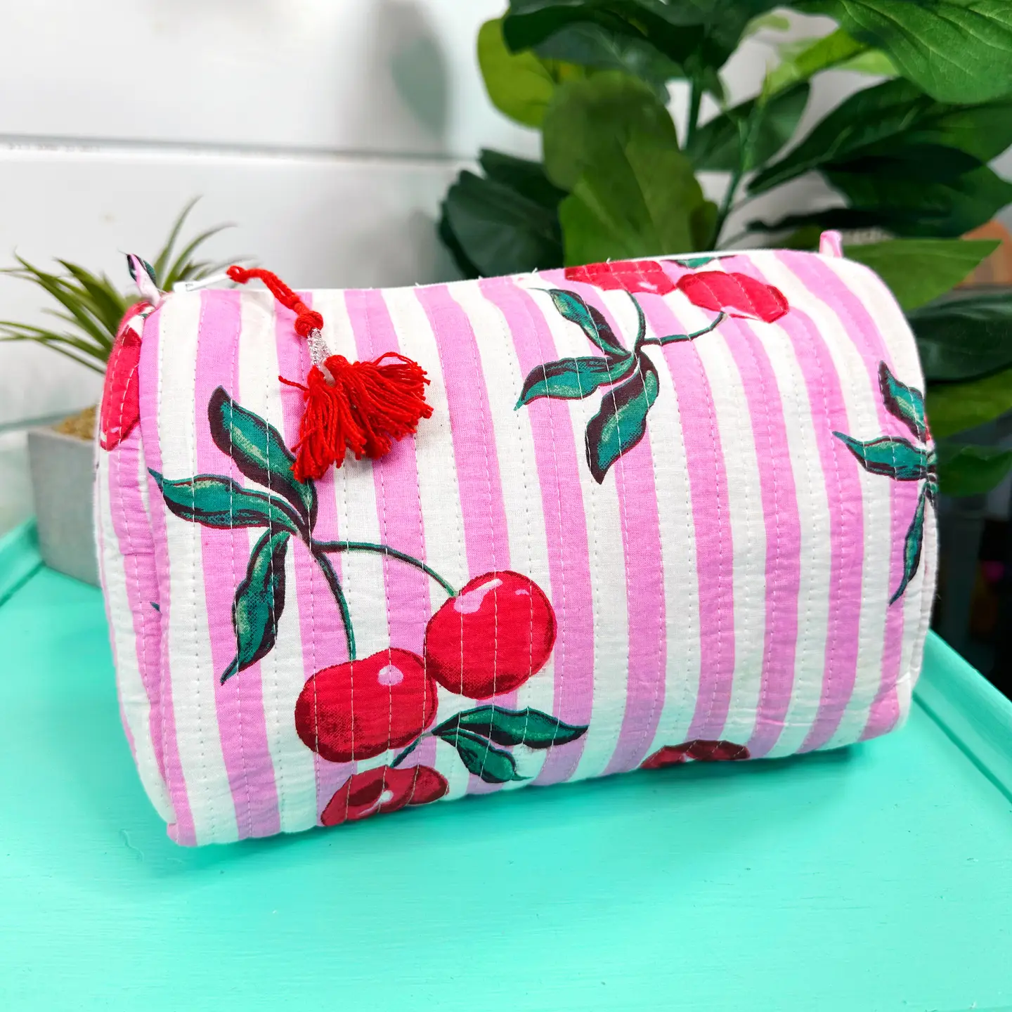Quilted Makeup Bag | Cosmetics Toiletry Bag | Cherry Print
