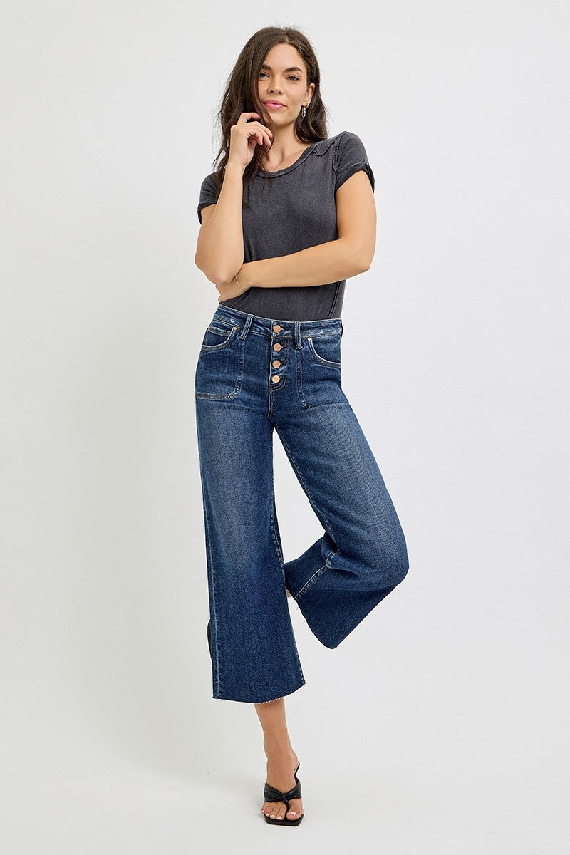 Risen high rise crop wide button up jeans
