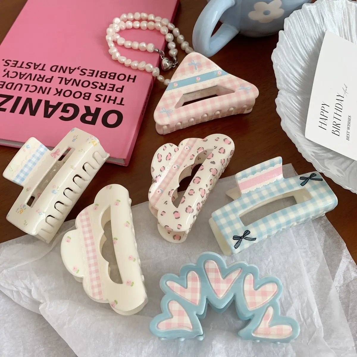 Cute Acrylic Floral Plaid Bow Hair Clip