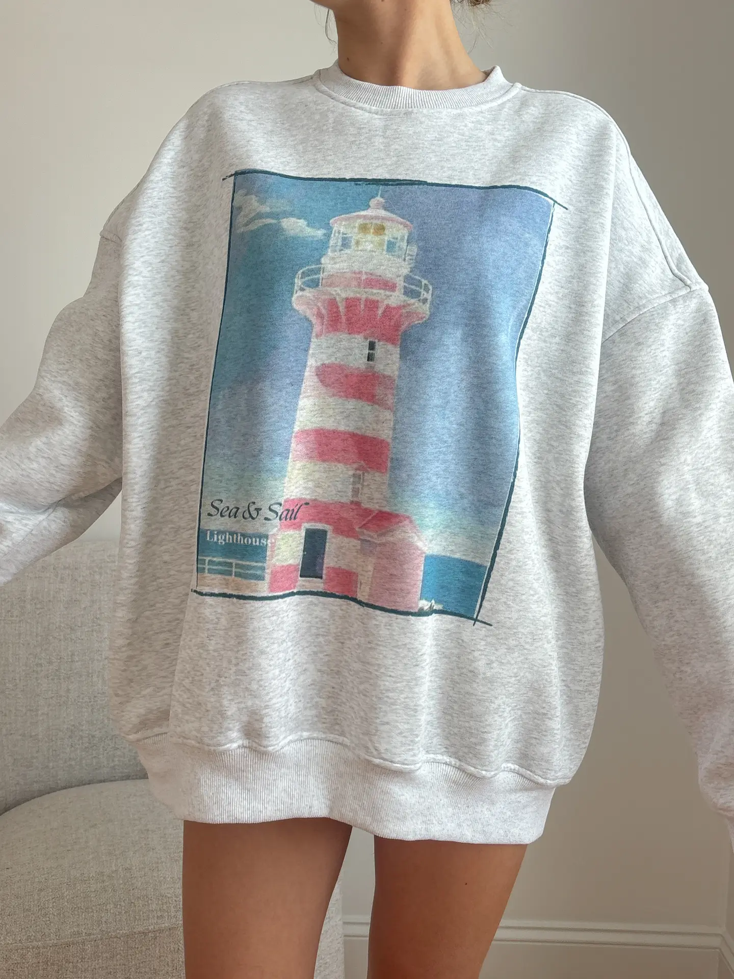 Pearl Grey Coastal Lighthouse Printed Sweatshirt