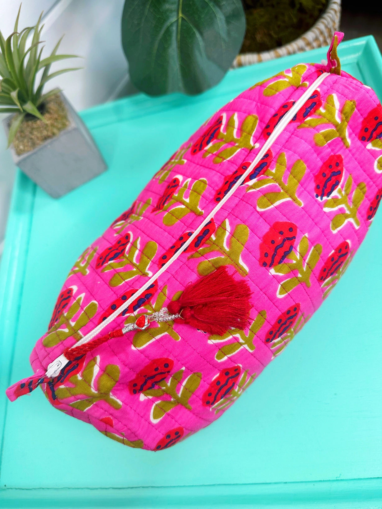 Quilted Makeup Bag | Cosmetic Toiletry Bag | Hot Pink Floral