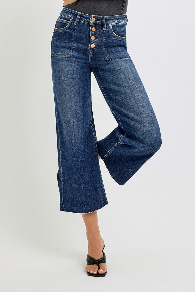 Risen high rise crop wide button up jeans