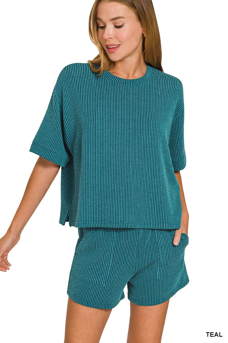 Corded Rib Short Sleeve Tee & Short Pants Set Teal