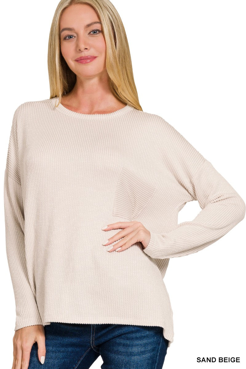 Ribbed Long Sleeve Top Sand Beige