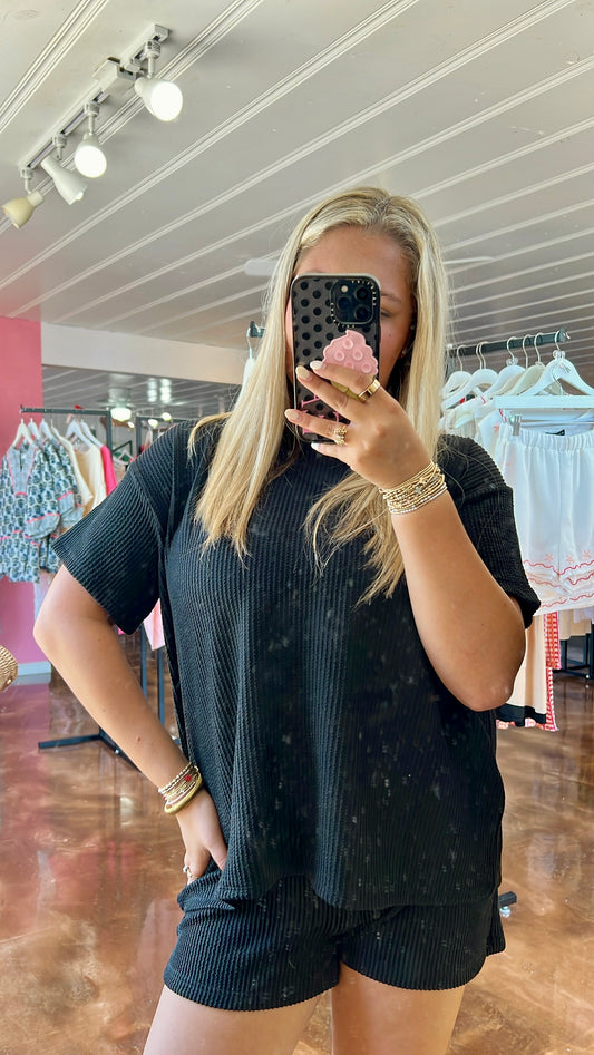 Corded Rib Short Sleeve Tee & Short Set Black
