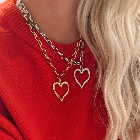 Large Open Heart Necklace Silver