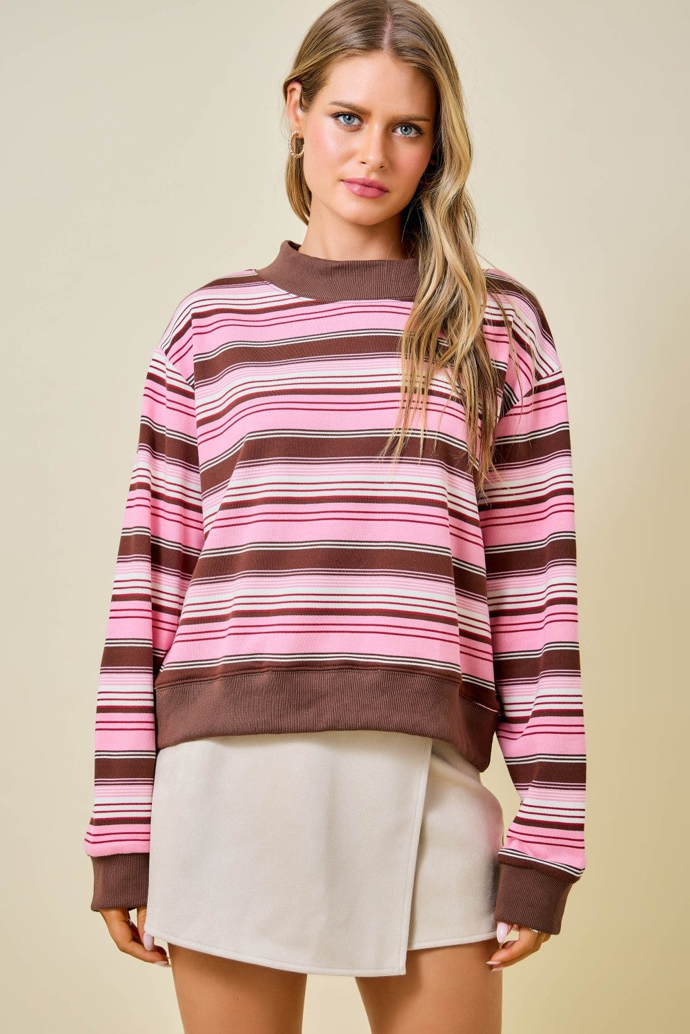 Donna Pink Striped Mockneck