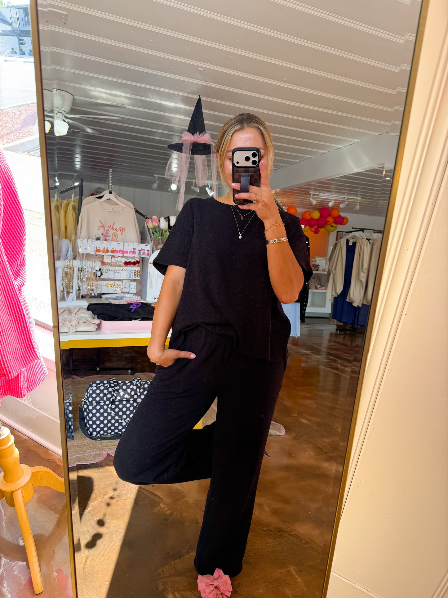 Slub Short Slv Top & Pants Black