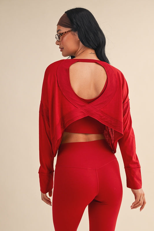 Cotton Slub Cutout Back Long Sleeve Layering Top Red
