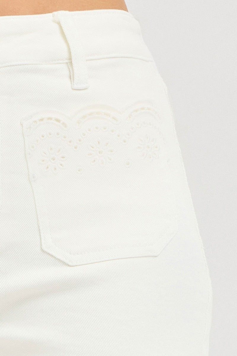 Risen Cream High Rise Scalloped Eyelet Embroidered Pockets