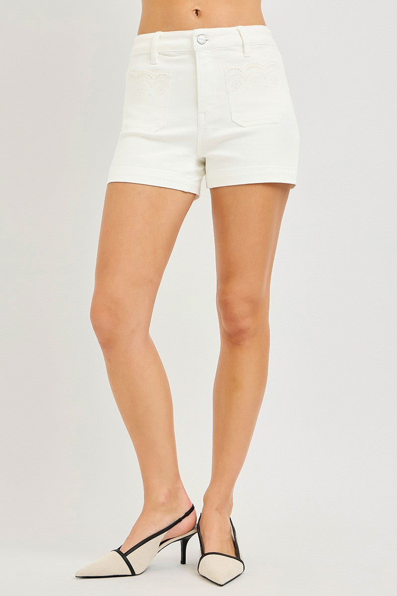 Risen Cream High Rise Scalloped Eyelet Embroidered Pockets