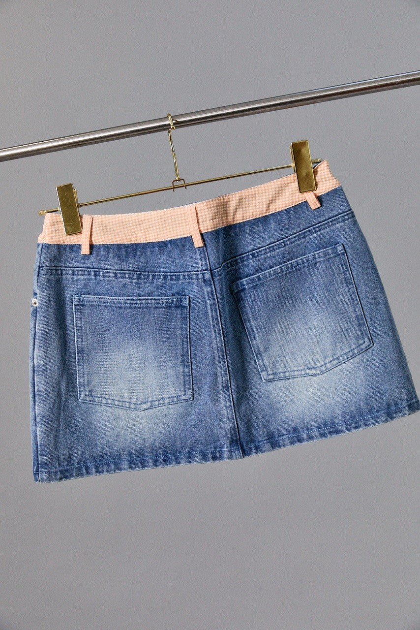 Lara Mid Waist Denim Skirt With Gingham Waist
