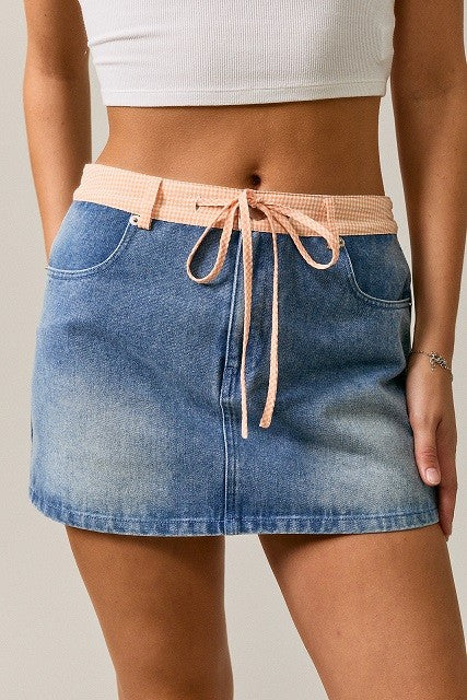 Lara Mid Waist Denim Skirt With Gingham Waist