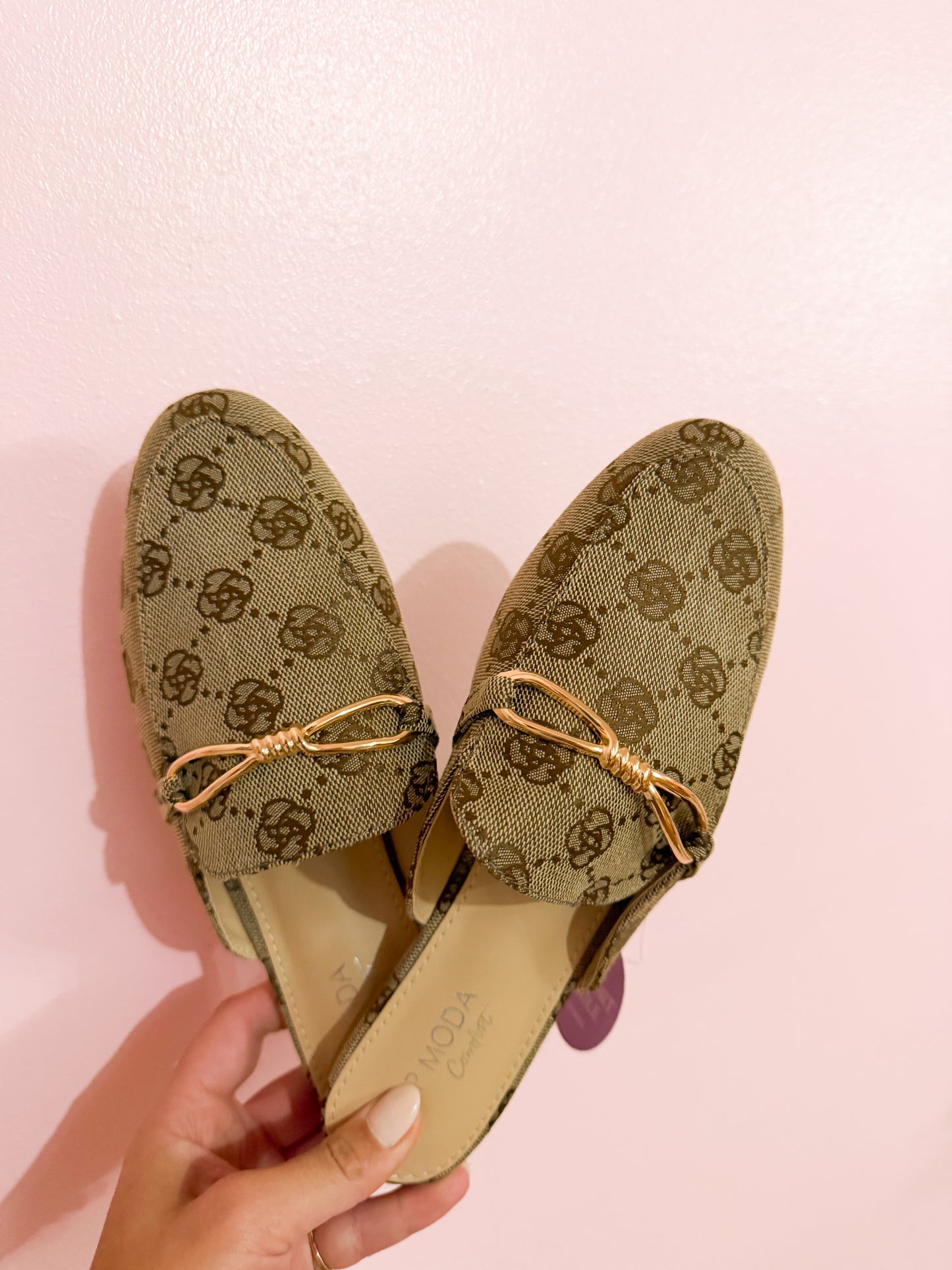 Tan Canvas Flat Slip-On Mules