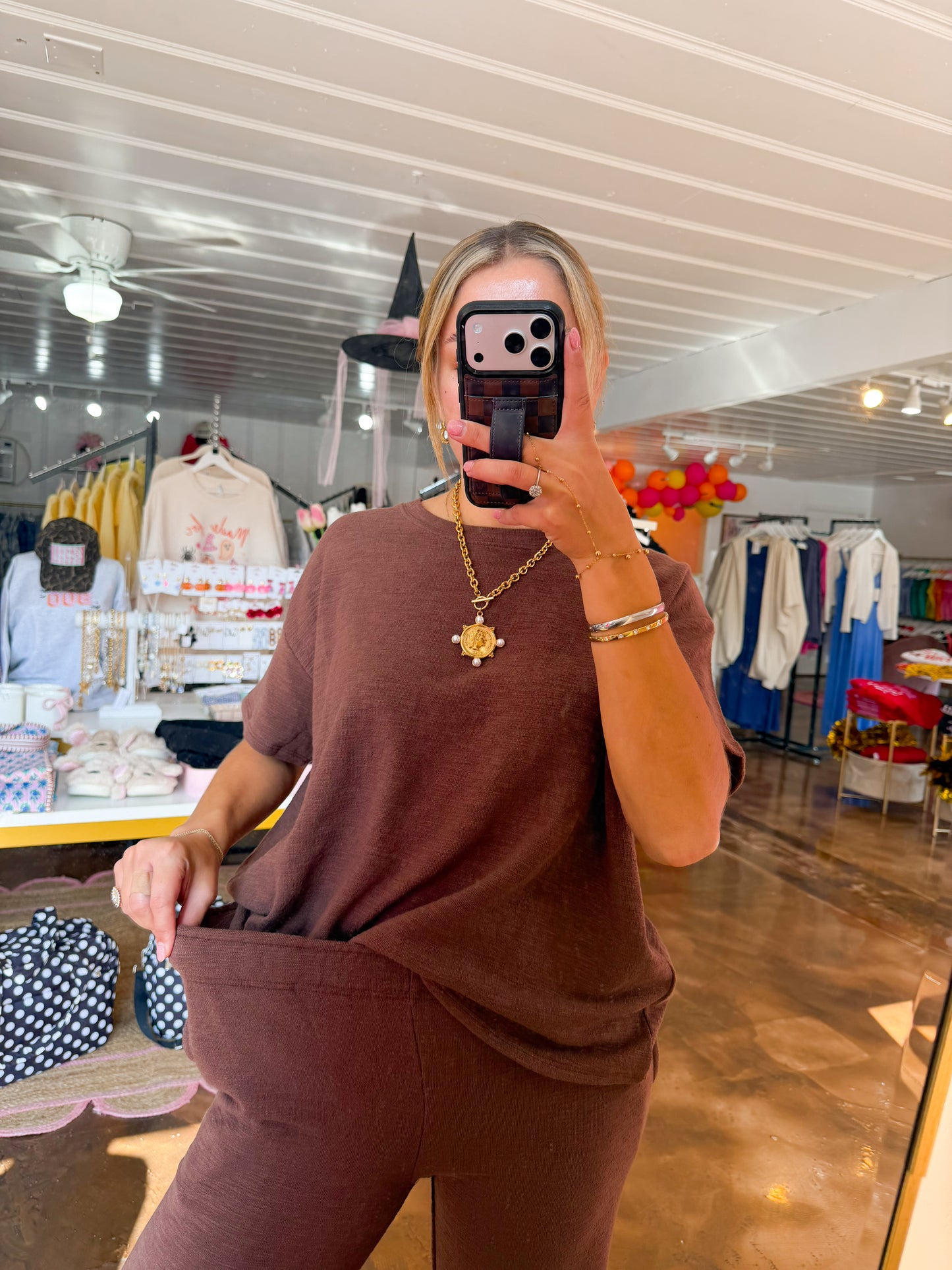 Slub Short Slv Top & Pants Brown