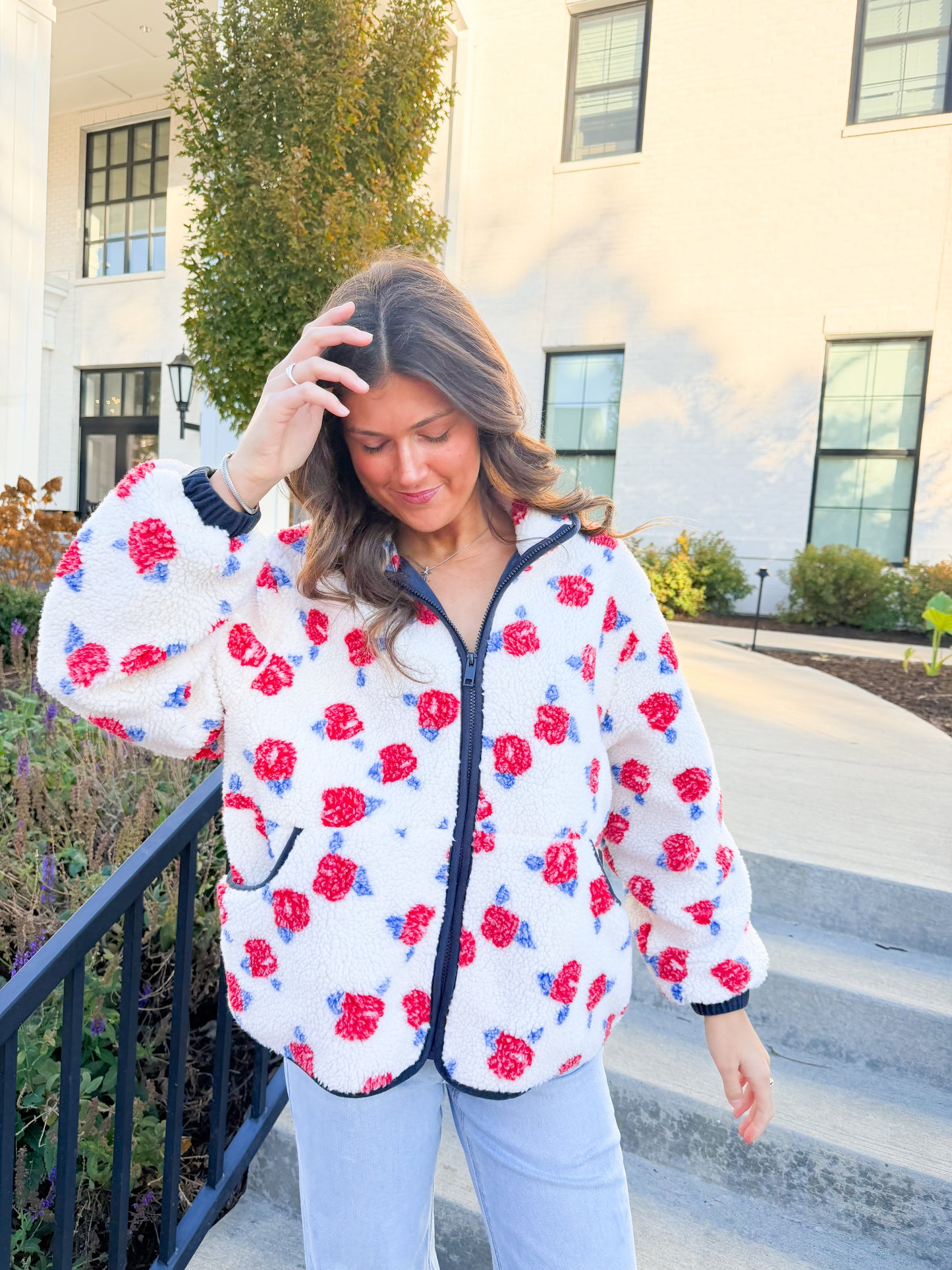 Cozy Oversized Rose Pattern Fleece Zip Up Jacket